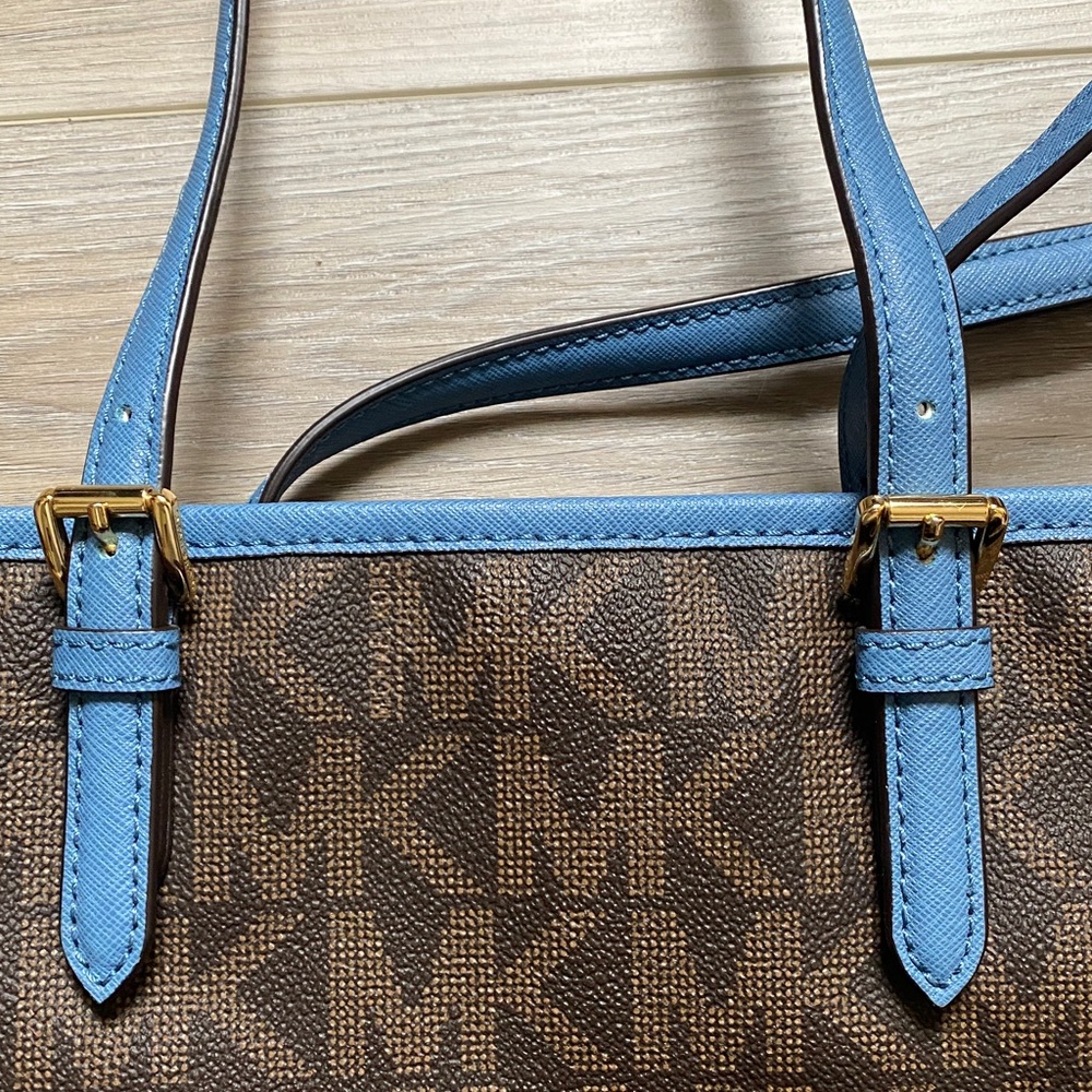 Michael Kors Brown Tote with Blue Trim and Gold Charm - Picture 6 of 8